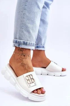 Damskie Skórzane Klapki Na Platformie Z Ozdobą Beżowe Monroe