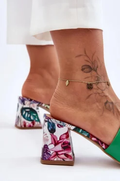 Damskie Skórzane Klapki Na Obcasie Lewski Shoes 3209/K Zielone