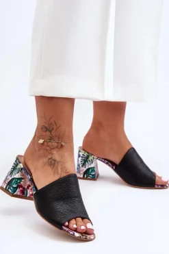 Damskie Skórzane Klapki Na Obcasie Lewski Shoes 3209/K Czarne