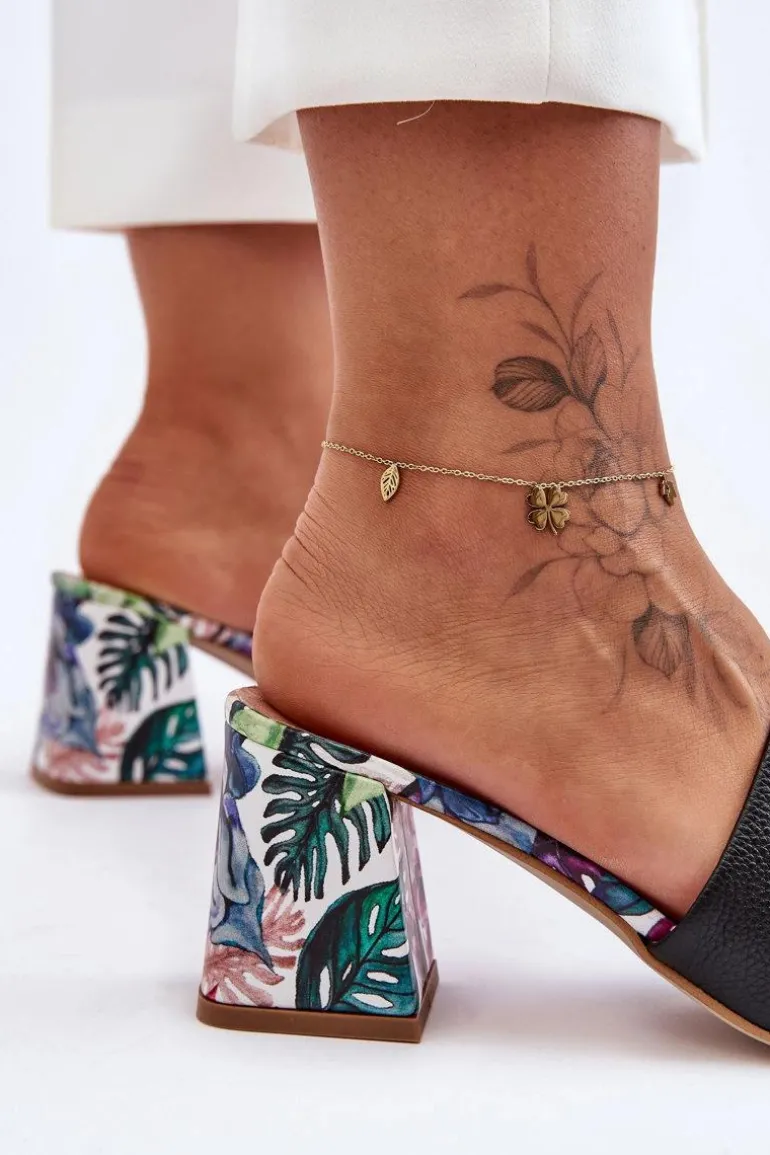 Damskie Skórzane Klapki Na Obcasie Lewski Shoes 3209/K Czarne