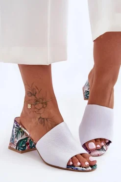 Damskie Skórzane Klapki Na Obcasie Lewski Shoes 3209/K Białe