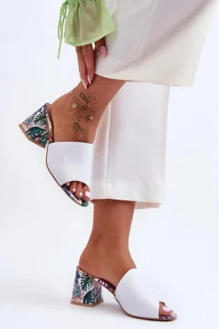 Damskie Skórzane Klapki Na Obcasie Lewski Shoes 3209/K Białe