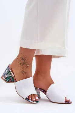 Damskie Skórzane Klapki Na Obcasie Lewski Shoes 3209/K Białe