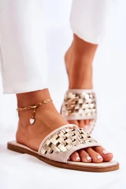 Damskie Skórzane Klapki Na Płaskim Obcasie Beżowe Hollis