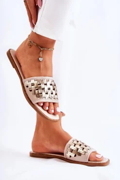 Damskie Skórzane Klapki Na Płaskim Obcasie Beżowe Hollis