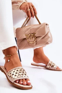 Damskie Skórzane Klapki Na Płaskim Obcasie Beżowe Hollis