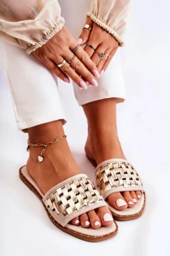 Damskie Skórzane Klapki Na Płaskim Obcasie Beżowe Hollis