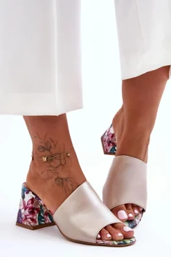 Damskie Skórzane Klapki Na Obcasie Lewski Shoes 3209/K Perłowe Beżowe