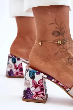 Damskie Skórzane Klapki Na Obcasie Lewski Shoes 3209/K Perłowe Beżowe