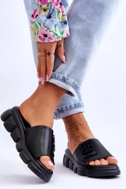 Damskie Skórzane Klapki Na Platformie Z Ozdobą Czarne Monroe