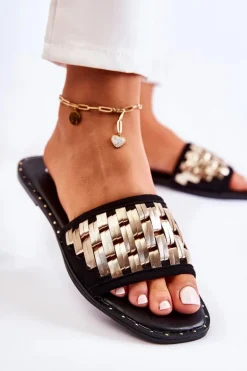 Damskie Skórzane Klapki Na Płaskim Obcasie Czarne Hollis