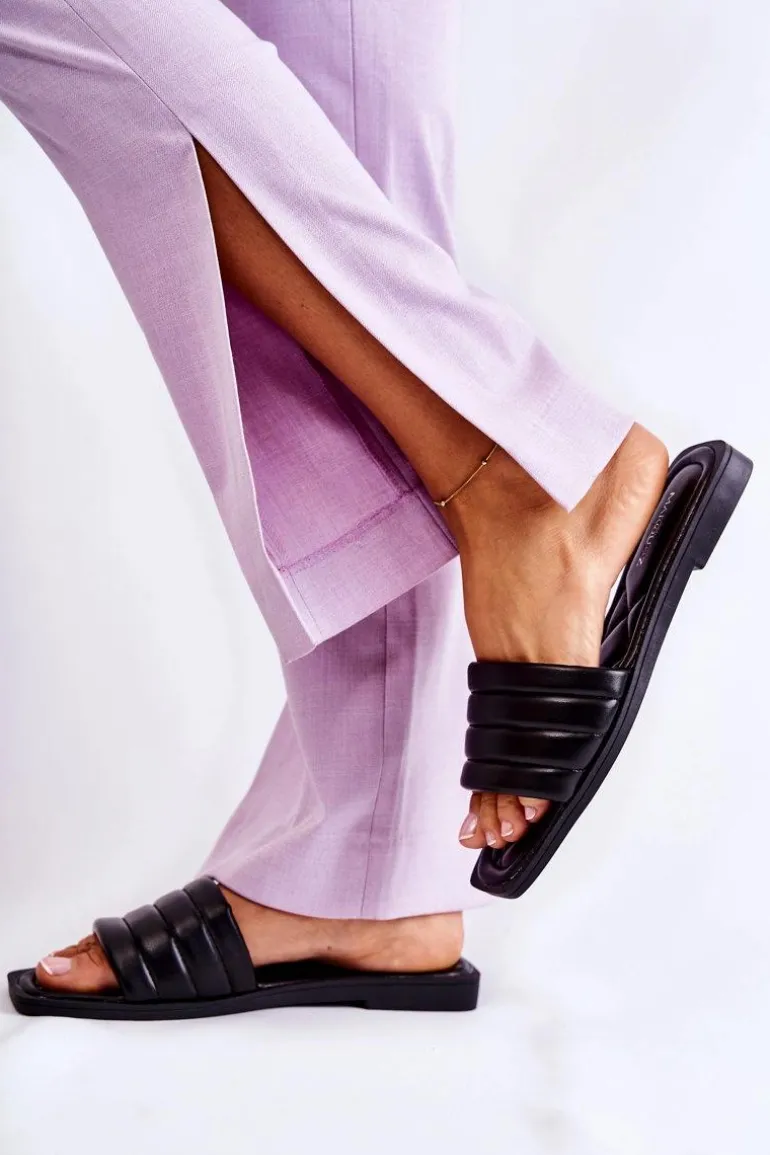 Damskie Skórzane Klapki Z Pikowaniem Czarne Raula