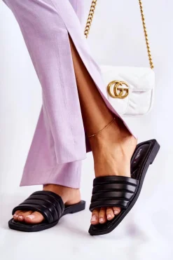 Damskie Skórzane Klapki Z Pikowaniem Czarne Raula