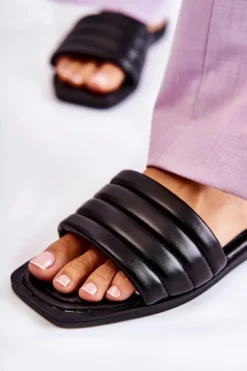 Damskie Skórzane Klapki Z Pikowaniem Czarne Raula