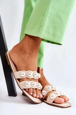 Damskie Skórzane Klapki Z Ozdobnymi Perełkami Beżowe Lasello