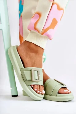 Damskie Skórzane Klapki Z Klamrą Zielone Devia