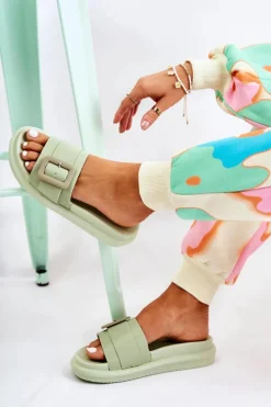 Damskie Skórzane Klapki Z Klamrą Zielone Devia