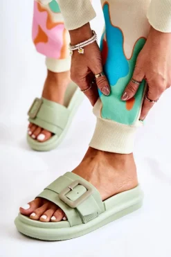 Damskie Skórzane Klapki Z Klamrą Zielone Devia