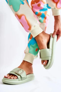 Damskie Skórzane Klapki Z Klamrą Zielone Devia