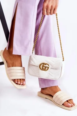 Damskie Skórzane Klapki Z Pikowaniem Beżowe Raula