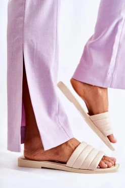 Damskie Skórzane Klapki Z Pikowaniem Beżowe Raula