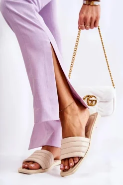 Damskie Skórzane Klapki Z Pikowaniem Beżowe Raula