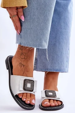 Damskie Skórzane Klapki Z Dżetami S.Barski KV-2775-33 Srebrne