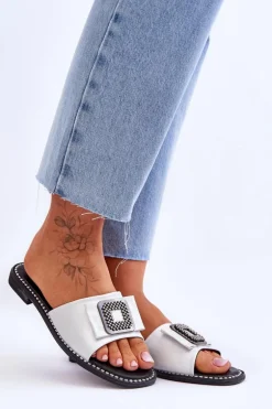 Damskie Skórzane Klapki Z Dżetami S.Barski KV-2775-33 Srebrne