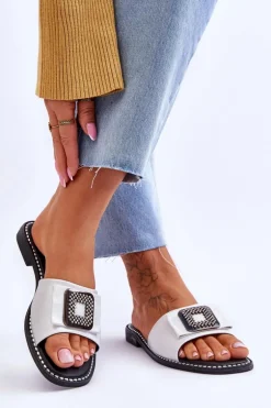 Damskie Skórzane Klapki Z Dżetami S.Barski KV-2775-33 Srebrne