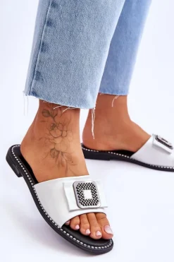 Damskie Skórzane Klapki Z Dżetami S.Barski KV-2775-33 Srebrne