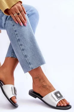 Damskie Skórzane Klapki Z Dżetami S.Barski KV-2775-33 Srebrne