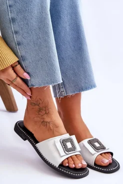 Damskie Skórzane Klapki Z Dżetami S.Barski KV-2775-33 Srebrne