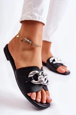 Damskie Skórzane Klapki Z Ozdobnym Łańcuchem Czarne Maraia