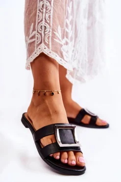 Damskie Skórzane Klapki Z Ozdobą Czarne Roysa