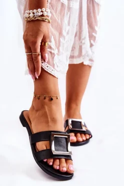 Damskie Skórzane Klapki Z Ozdobą Czarne Roysa