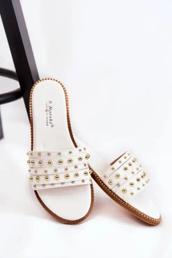 Damskie Skórzane Klapki Z Ozdobą Białe Brien