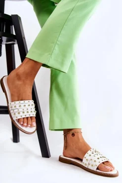 Damskie Skórzane Klapki Z Ozdobą Białe Brien