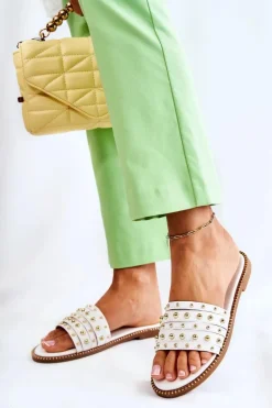 Damskie Skórzane Klapki Z Ozdobą Białe Brien