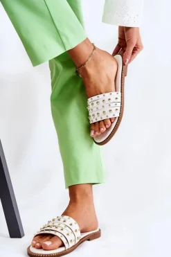 Damskie Skórzane Klapki Z Ozdobą Białe Brien