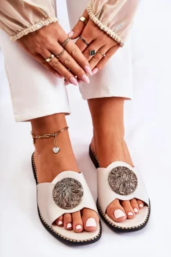 Damskie Skórzane Klapki Z Ozdobą Złote Colene