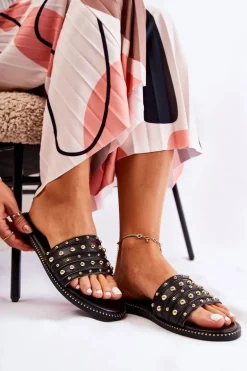 Damskie Skórzane Klapki Z Ozdobą Czarne Brien