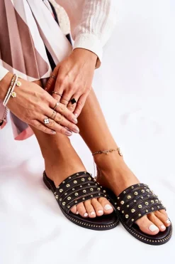 Damskie Skórzane Klapki Z Ozdobą Czarne Brien