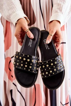 Damskie Skórzane Klapki Z Ozdobą Czarne Brien