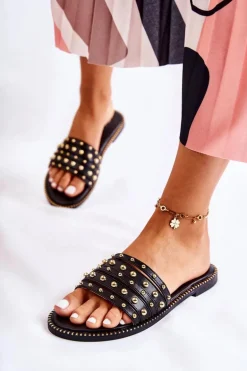 Damskie Skórzane Klapki Z Ozdobą Czarne Brien