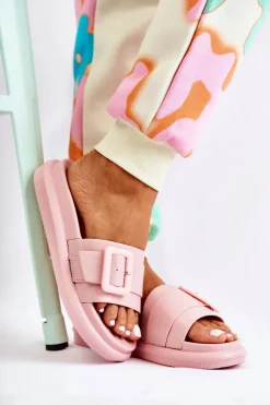 Damskie Skórzane Klapki Z Klamrą Różowe Devia