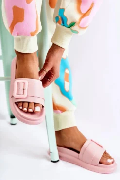 Damskie Skórzane Klapki Z Klamrą Różowe Devia