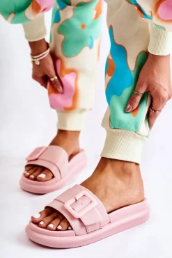 Damskie Skórzane Klapki Z Klamrą Różowe Devia