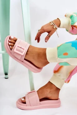 Damskie Skórzane Klapki Z Klamrą Różowe Devia