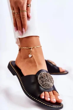 Damskie Skórzane Klapki Z Ozdobą Czarne Colene