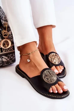 Damskie Skórzane Klapki Z Ozdobą Czarne Colene